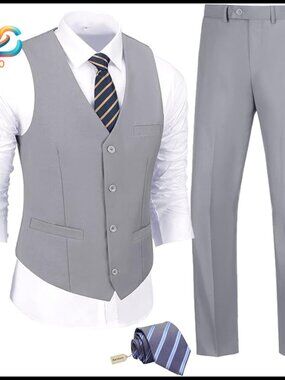 Slim Fit 3-Piece Suit Set with Vest Pants Tie Formal Business Wear